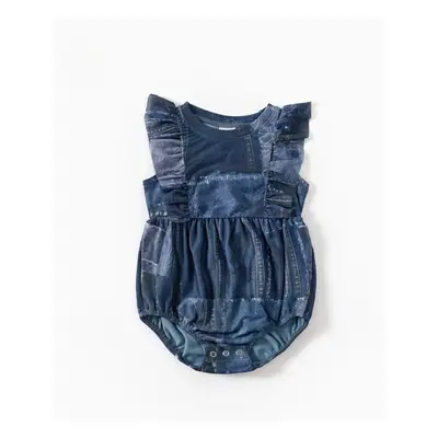 Mommy and Me Denim Patchwork Mesh Printed Ruched Drawstring Dress