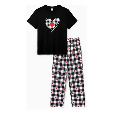 Valentine's Day Family Matching Heart Print Short-sleeve Top and Plaid Pants Black Pajamas Set