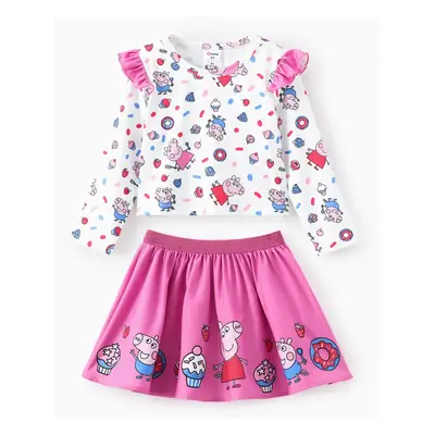 Peppa Pig Toddler Girl 2pcs Strawberry Donuts Flutter Long-sleeve T-shirt with Skirt Set