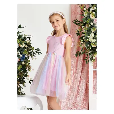 Kid Girl Princess Flutter-sleeve Heart Rainbow Mesh Fairy Dress