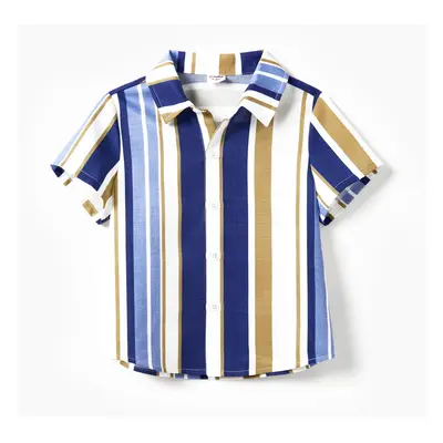 Family Matching Vertical Stripe Shirt and Overlap Flutter Trim Bow Decor Ruffle Hem Dress Sets