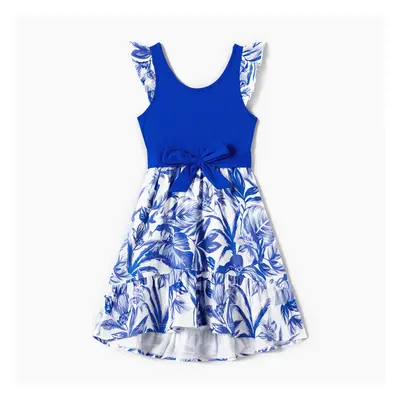 Family Matching Color Block Sleeveless Shirt and Floral Cami Button Hi-Low Dress Sets