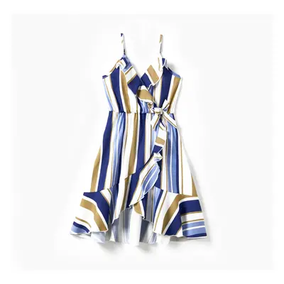 Family Matching Vertical Stripe Shirt and Overlap Flutter Trim Bow Decor Ruffle Hem Dress Sets