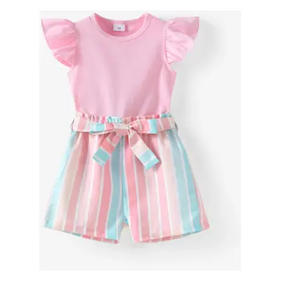 2pcs Toddler Girl Sweet Flutter-sleeve Tee and Stripe Belted Shorts Set