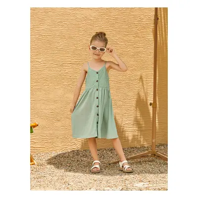 Family Matching Color Block Tank Top and Green Button up Lace Top Strap Dress Sets