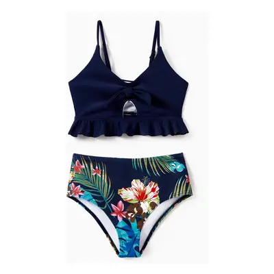 Family Matching Tropical Leaf and Flora Print Blue Swim Trunks or Pieces Tie Front Tankini Swims