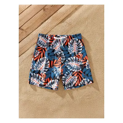 Family Matching Solid Splicing Palm Leaf Print Spaghetti Strap One-Piece Swimsuit and Swim Trunk