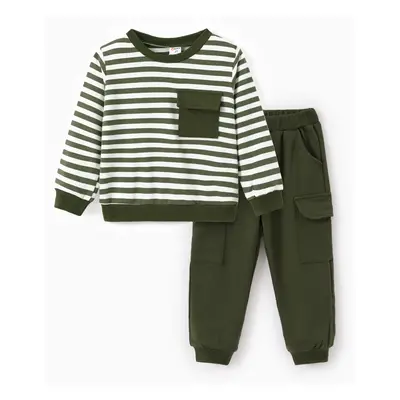 2pcs Todder Boy Cotton Stripe Set with Patch Pocket