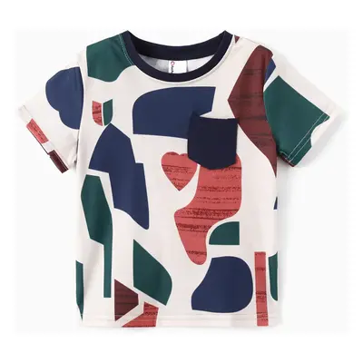 Family Matching Colorful Geometric Print Cotton T-Shirt with Pocket or Strap Belted Dress