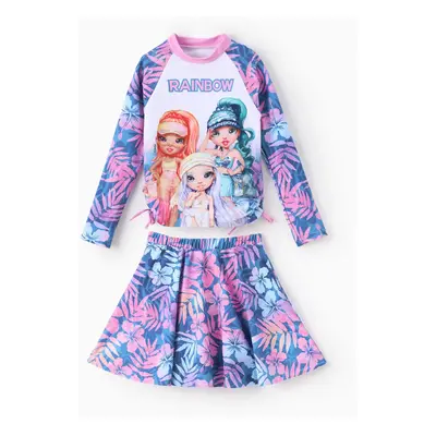 Rainbow High Toddler/Kid GIrl 2pcs Poppy Skyler Violet Floral Colorblock Print UPF50+ Long-sleev