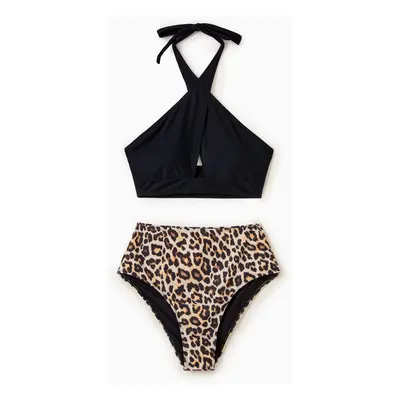 Family Matching Leopard Print Swim Trunks or Halter two-piece Swimsuit for Couple