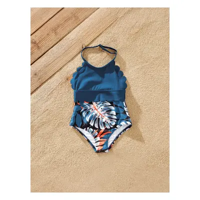 Family Matching Solid Splicing Palm Leaf Print Spaghetti Strap One-Piece Swimsuit and Swim Trunk