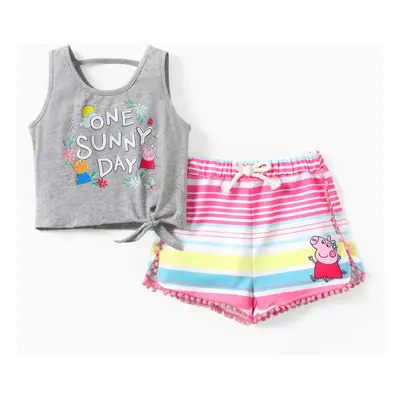 Peppa Pig 2pcs Toddler Girls Character Print Tank Top and Striped/ all-over Floral Print Shorts 