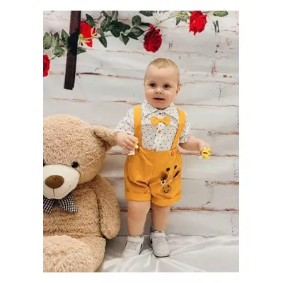 Baby Boy 2pcs Polka Dots Bowknot Shirt and Giraffe Print Overall Shorts Set