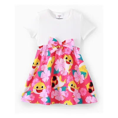 Baby Shark Toddler Girl Character Print Bow Decor/Mesh Overlay Dress