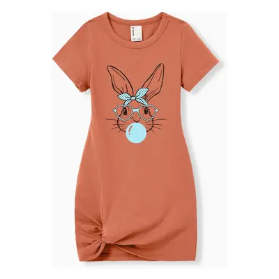 Easter Matching Rabbit Print Cotton Body-con Dress for Mom and Me