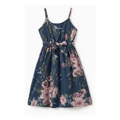 Family Matching Allover Floral Print Belted Cami Dresses and Short-sleeve Colorblock T-shirts Se