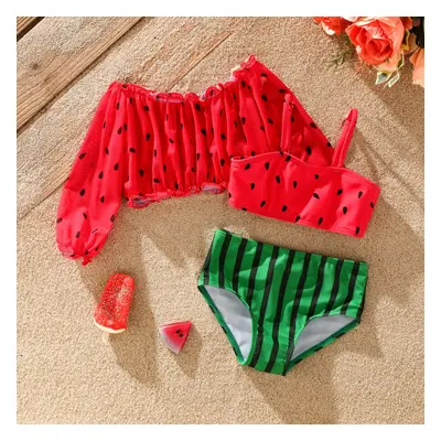 Watermelon Off-shoulder Toddler Girl 3pcs Swimsuit Set