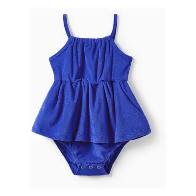 Mommy and Me Blue Terry Pleated Strap Dress