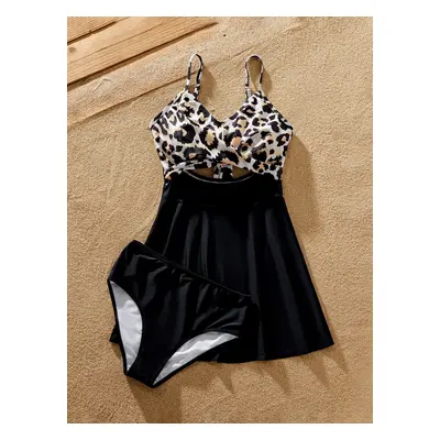 Family Matching Swimsuit Leopard Print Splicing Black Cross Front Tankini or Drawstring Swim Tru