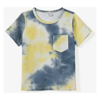 Family Matching Tie-Dye Short Sleeves Tee and Button Design A-line Midi Dress