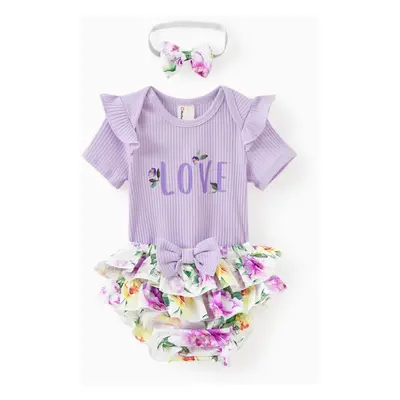 3-Piece Baby Girl Sweet Letter Romper and Multi-layer Bloomer Shorts with Headband Set