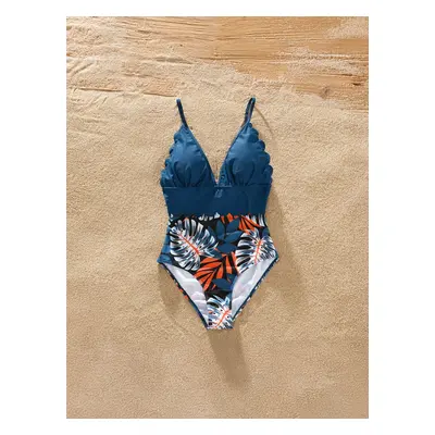 Family Matching Solid Splicing Palm Leaf Print Spaghetti Strap One-Piece Swimsuit and Swim Trunk