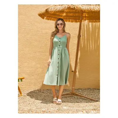 Family Matching Color Block Tank Top and Green Button up Lace Top Strap Dress Sets