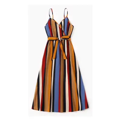 Family Matching Multicolor Striped V Neck Spaghetti Strap Belted Dresses and Colorblock Short-sl