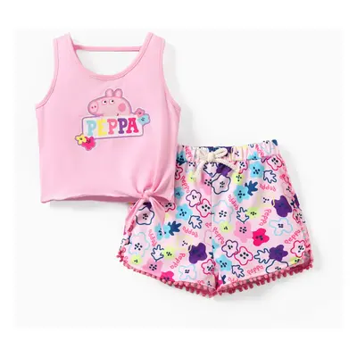 Peppa Pig 2pcs Toddler Girls Character Print Tank Top and Striped/ all-over Floral Print Shorts 