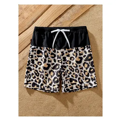 Family Matching Swimsuit Leopard Print Splicing Black Cross Front Tankini or Drawstring Swim Tru