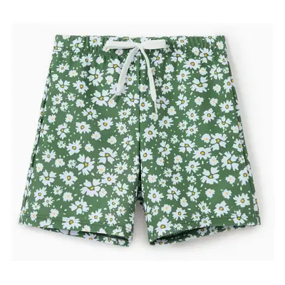 Family Matching Daisy Print Green Swim Trunks or 3-piece Ruffle Swimsuit with Coverup Skirt