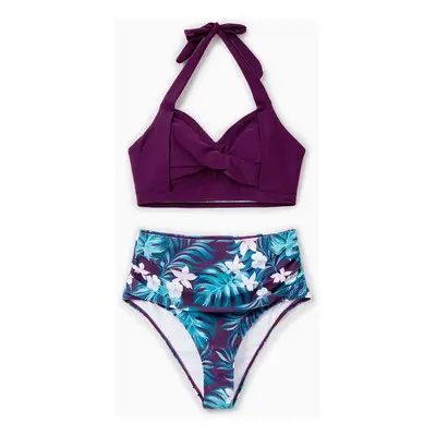 Family Matching Tropical Plants and Floral Print Swim Trunks or Halter two-piece Swimsuit