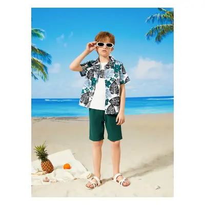 3pcs Kid Boy Tropical Plant Print Short-sleeve Shirt & Top & Solid Shorts Set