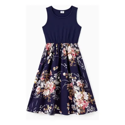 Family Matching Sleeveless Floral Print Spliced Midi Dresses and Short-sleeve Striped T-shirts S