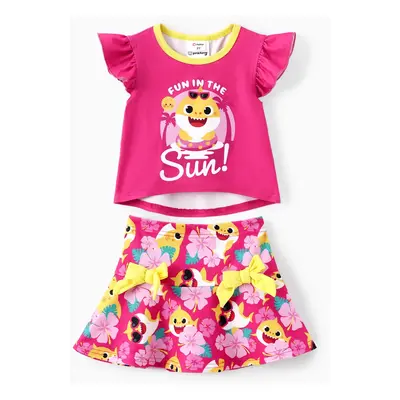 Baby Shark Toddler Girls 2pcs Floral Print Flutter-sleeve Top with Bowknot Skirt Set