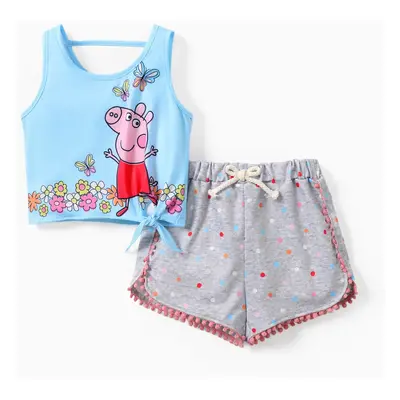 Peppa Pig 2pcs Toddler Girls Character Print Tank Top and Striped/ all-over Floral Print Shorts 