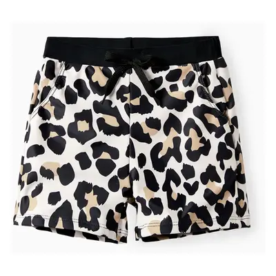 Family Matching Leopard Pattern Drawstring Swim Trunks or Ruffle Neck Two-Piece Bikini with Opti