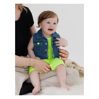 2pcs Baby Girl Solid Rib-knit Romper and Button Up Front Vest Denim Jacket Set