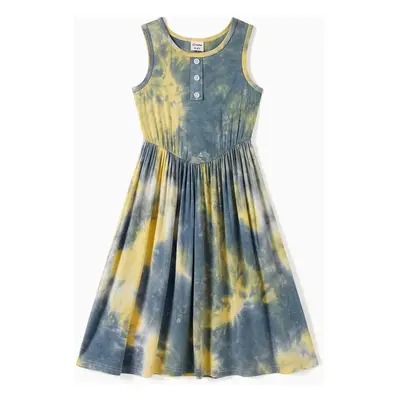 Family Matching Tie-Dye Short Sleeves Tee and Button Design A-line Midi Dress