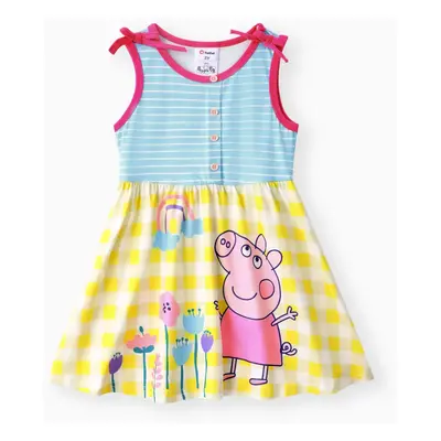 Peppa Pig Toddler Girls 1pc Floral Rainbow Character Striped with Checker Print Bowknot Sleevele