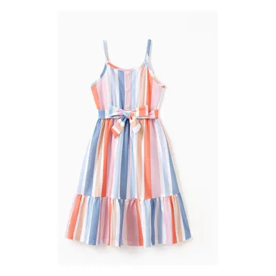 Family Matching Blue Short-sleeve Tee or Colorful Stripe Camisole Dress