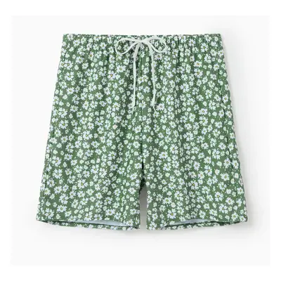 Family Matching Daisy Print Green Swim Trunks or 3-piece Ruffle Swimsuit with Coverup Skirt