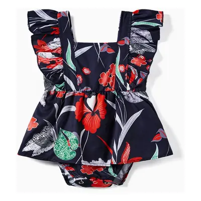 Family Matching Tropical Floral Overlap Hi-Low Ruffle Dress and Beach Shirt Sets