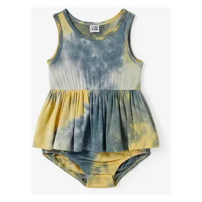 Family Matching Tie-Dye Short Sleeves Tee and Button Design A-line Midi Dress