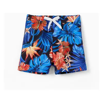 Family Matching Blue Tropical Floral Swim Trunks or Strappy Cross Two-piece Bikini