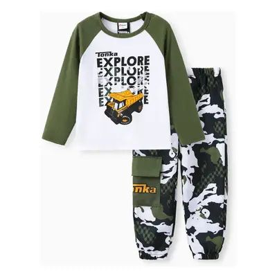 Tonka Toddler Boy Trunk With Letter Colorblock Top And Camouflage Print Cargo Pants Set