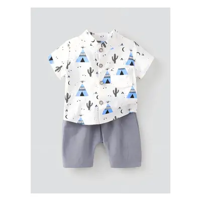 2pcs Baby Boy 95% Cotton Short-sleeve All Over Cactus Print Button Up Shirt and Solid Shorts Set