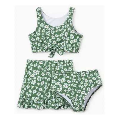 Family Matching Daisy Print Green Swim Trunks or 3-piece Ruffle Swimsuit with Coverup Skirt