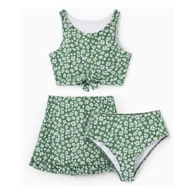 Family Matching Daisy Print Green Swim Trunks or 3-piece Ruffle Swimsuit with Coverup Skirt